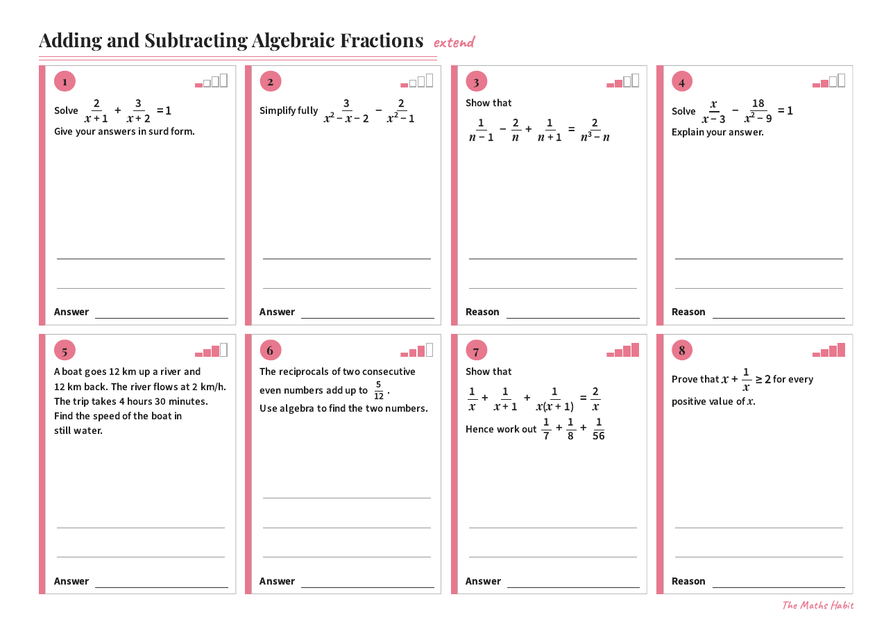 Adding and subtracting algebraic fractions, Extend, first page