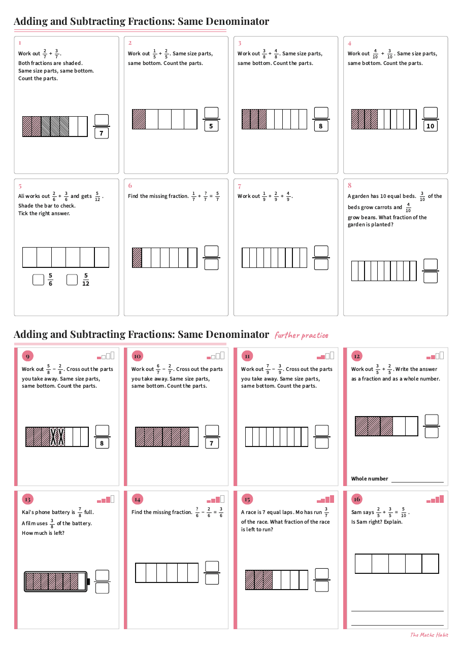 Adding and subtracting fractions with the same denominator, first page