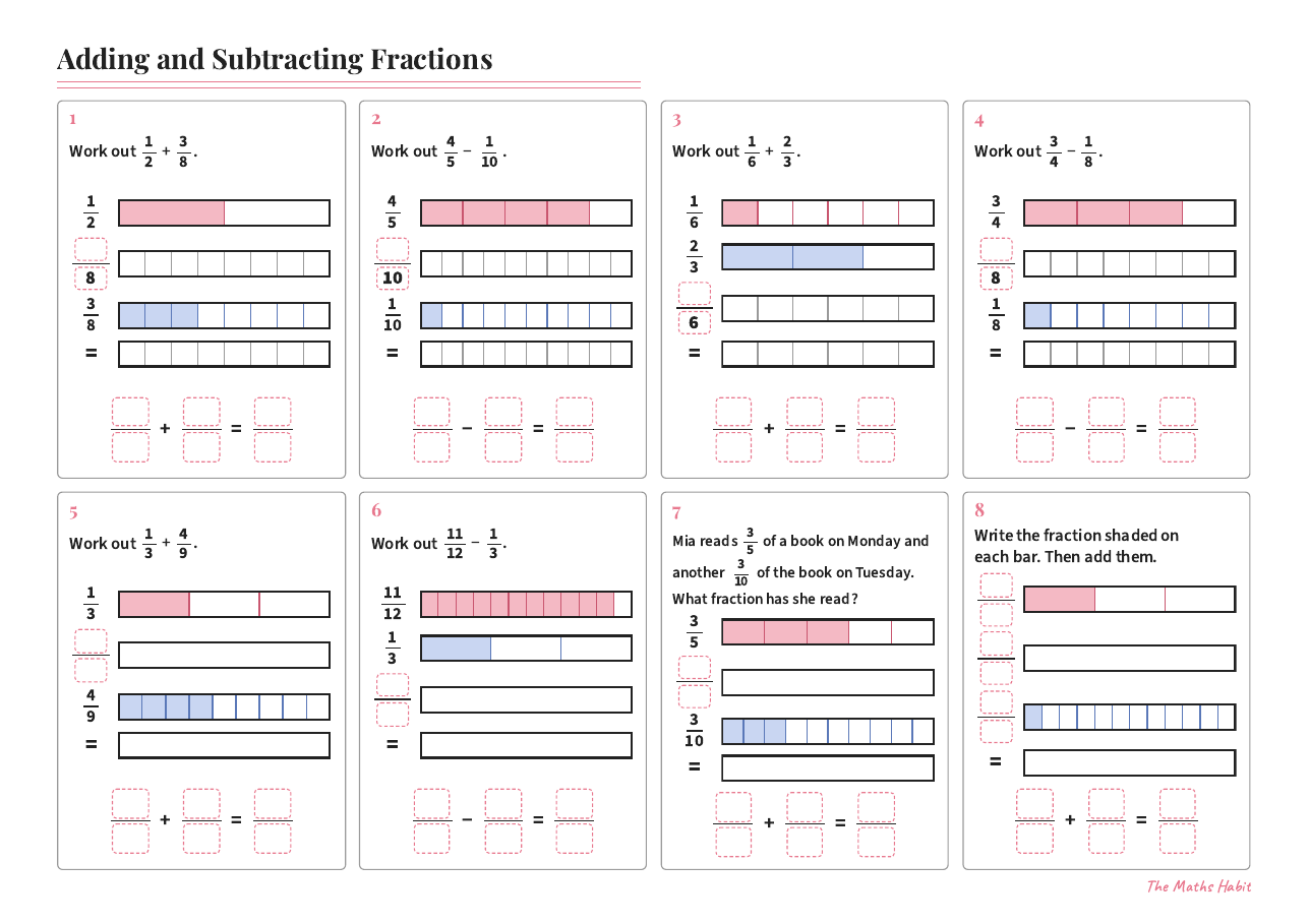 Adding and subtracting fractions, first page