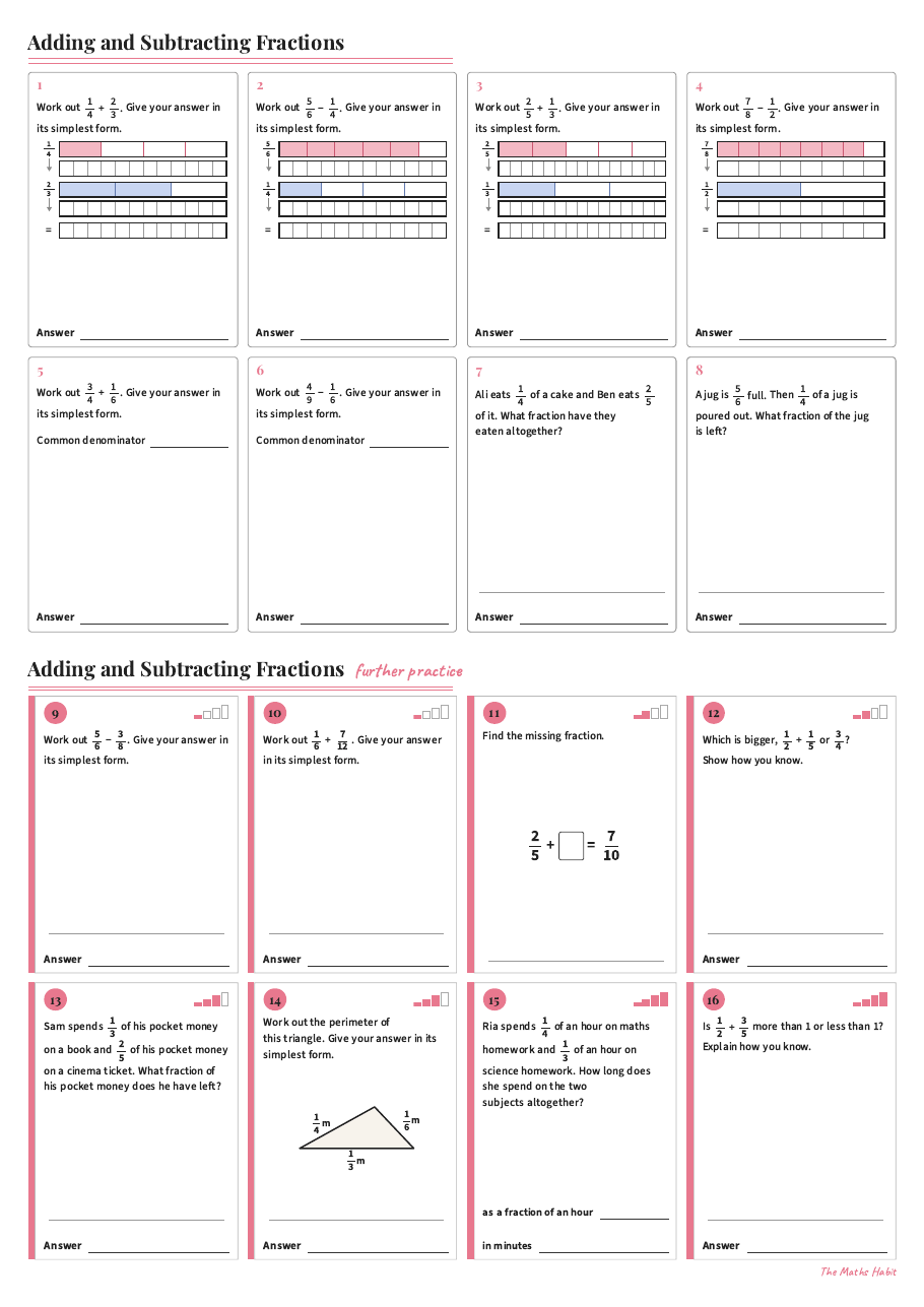Adding and subtracting fractions, first page