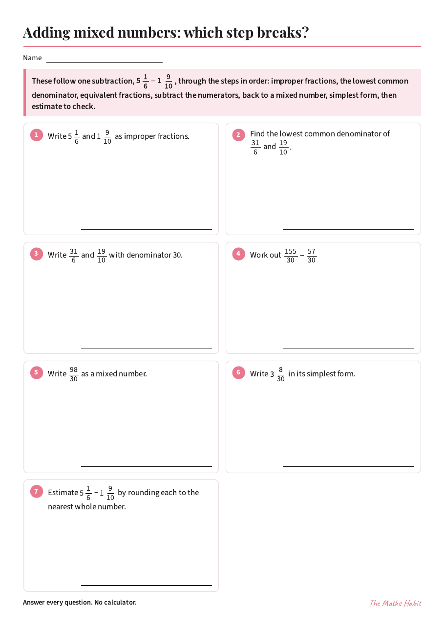 Adding mixed numbers: which step breaks?, first page
