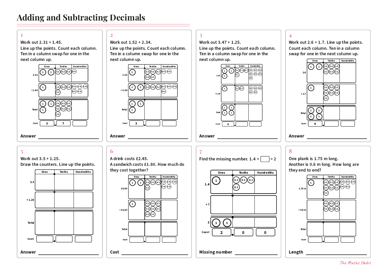 Adding and subtracting decimals, first page