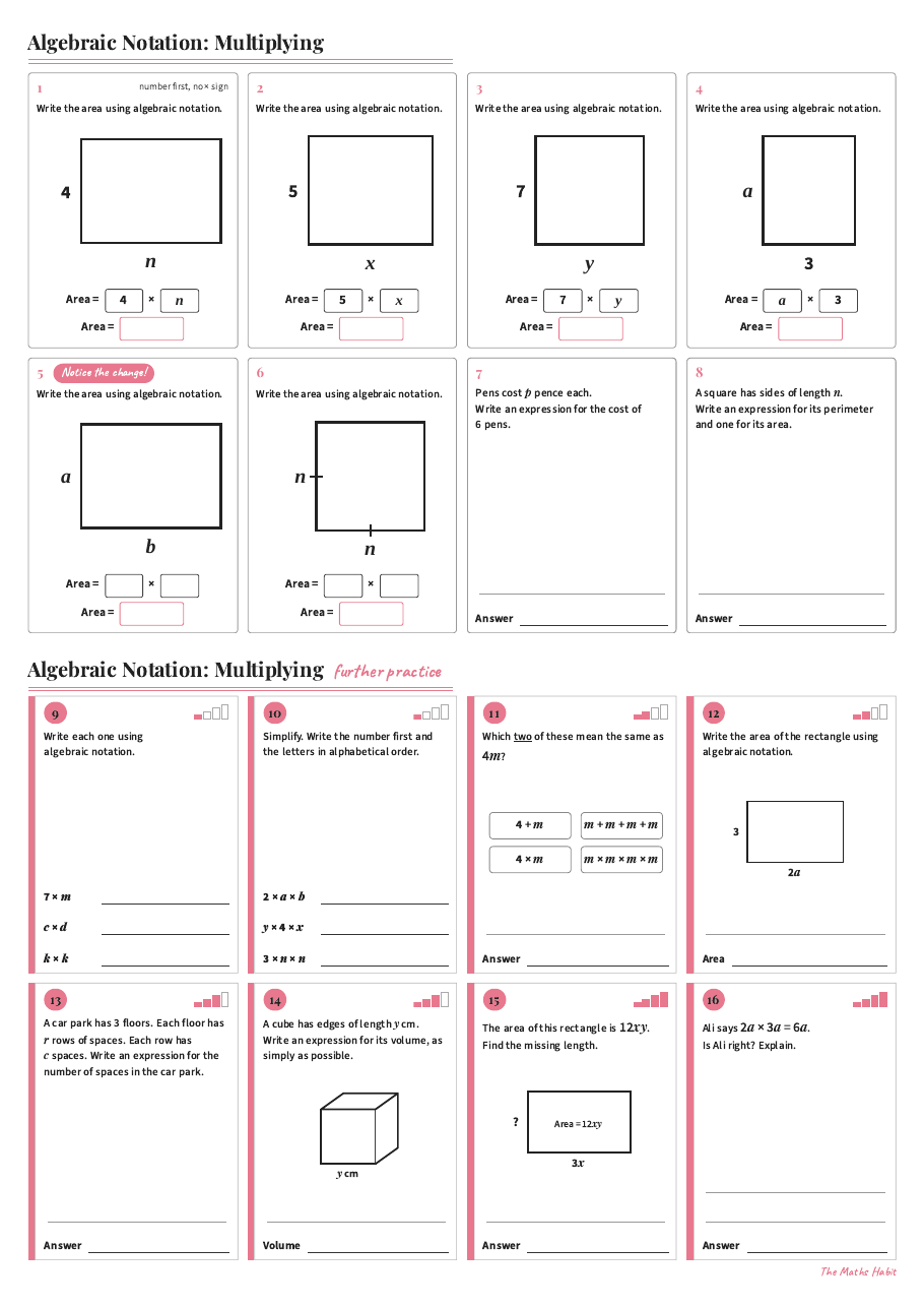 Algebraic notation: multiplying, first page