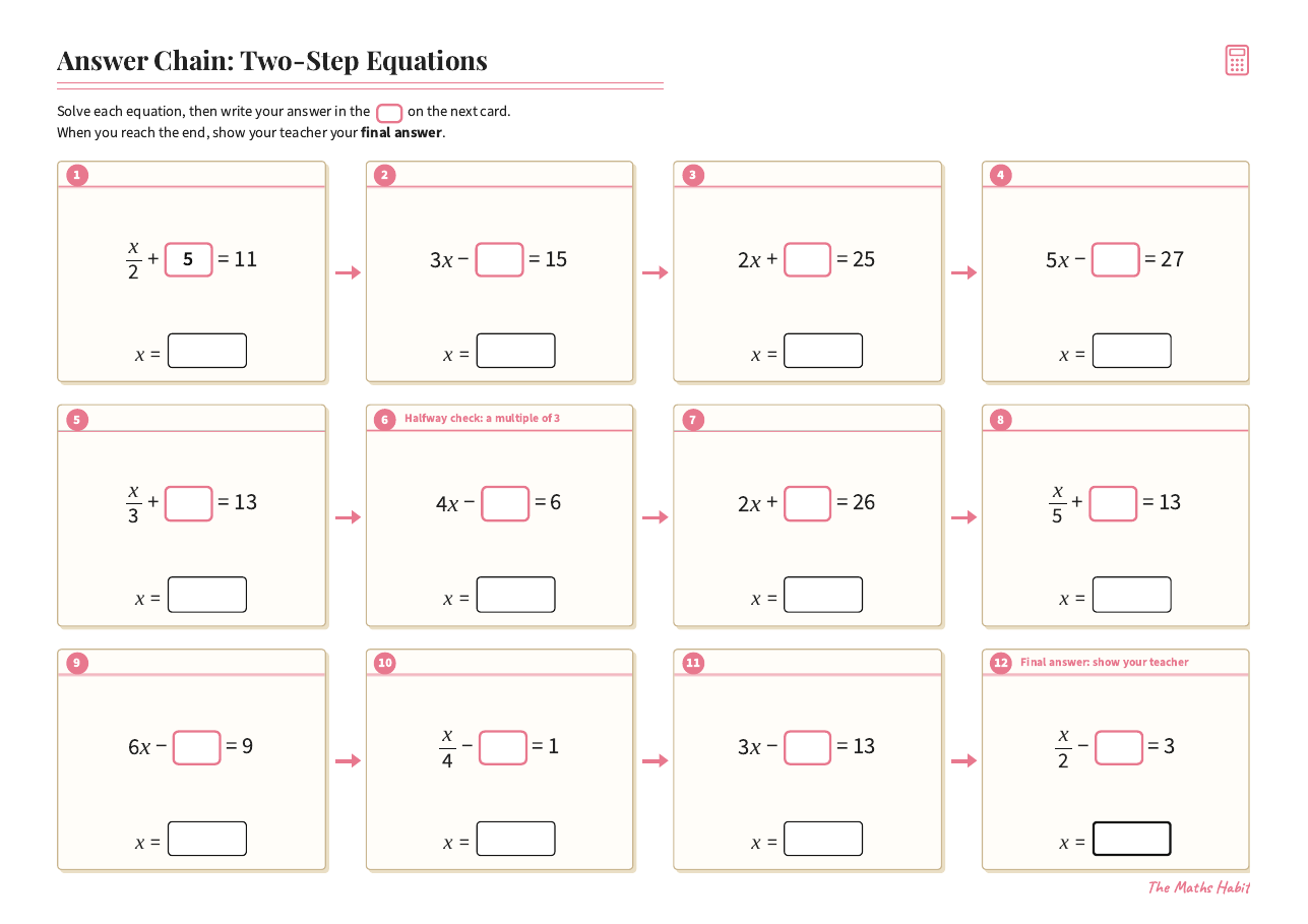 Answer chain: two-step equations, first page