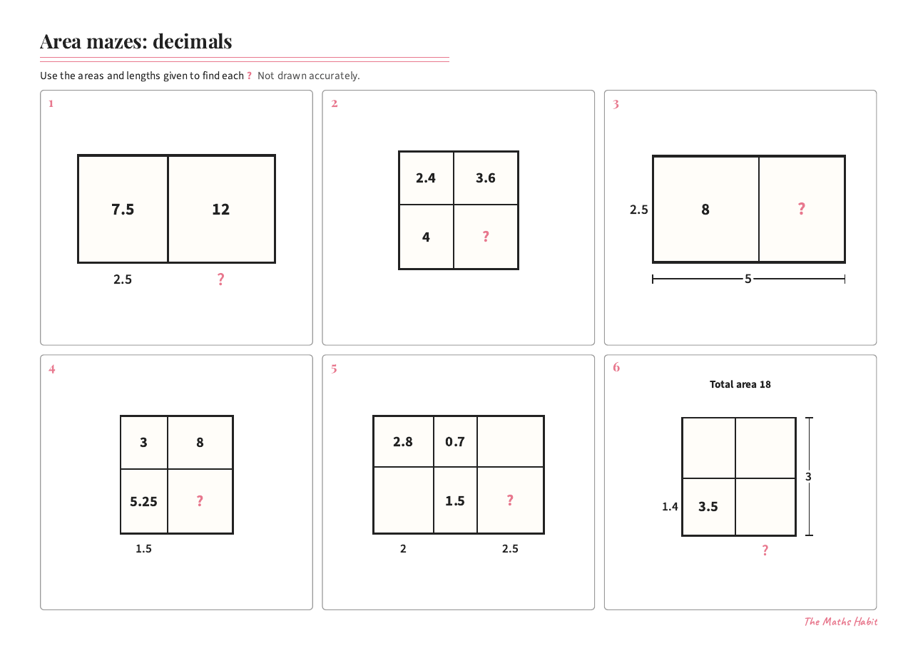 Area mazes: decimals, first page
