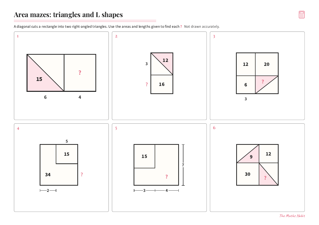Area mazes: triangles and L shapes, first page
