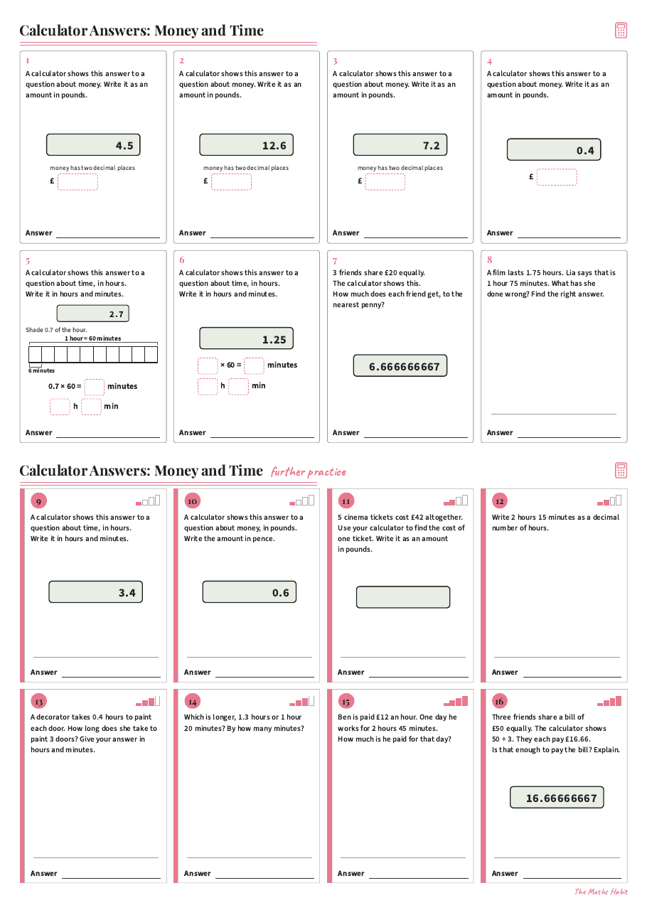Calculator answers: money and time, first page