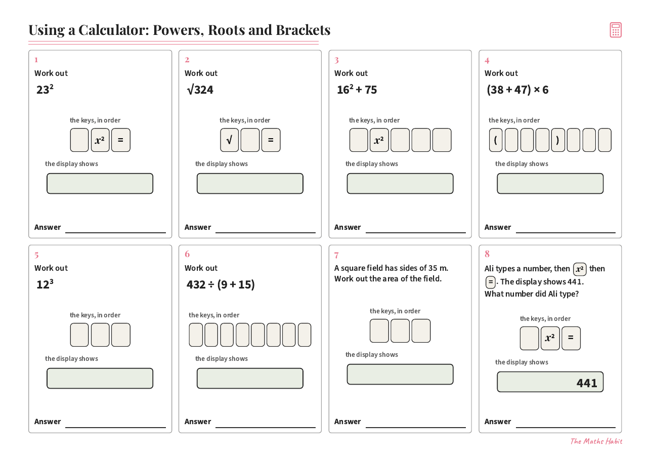 Using a calculator: powers, roots and brackets, first page