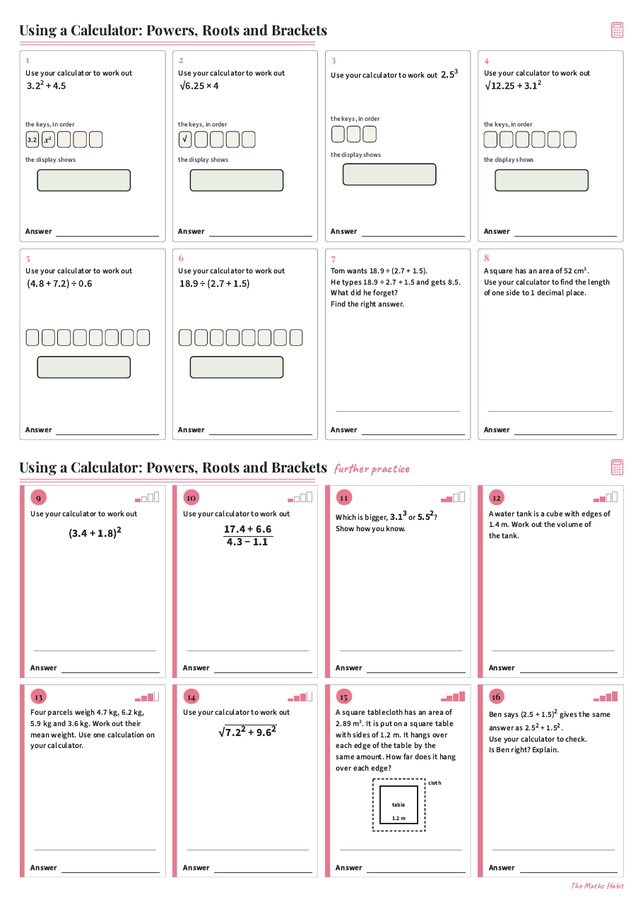 Using a calculator: powers, roots and brackets, first page