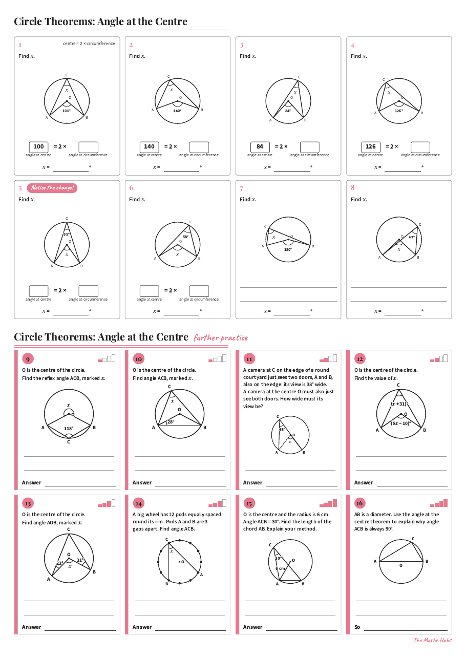 Circle theorems: angle at the centre, first page
