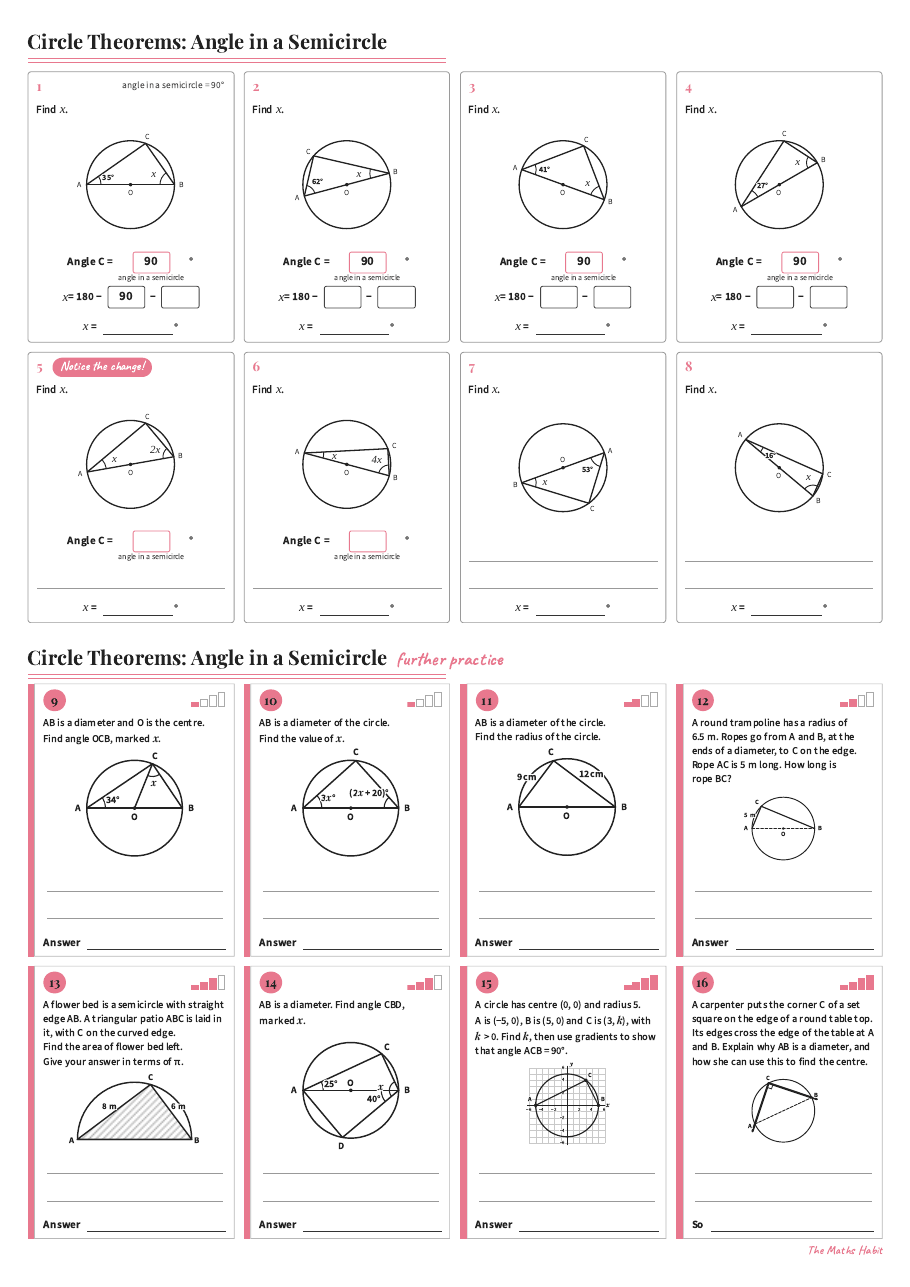 Circle theorems: angle in a semicircle, first page