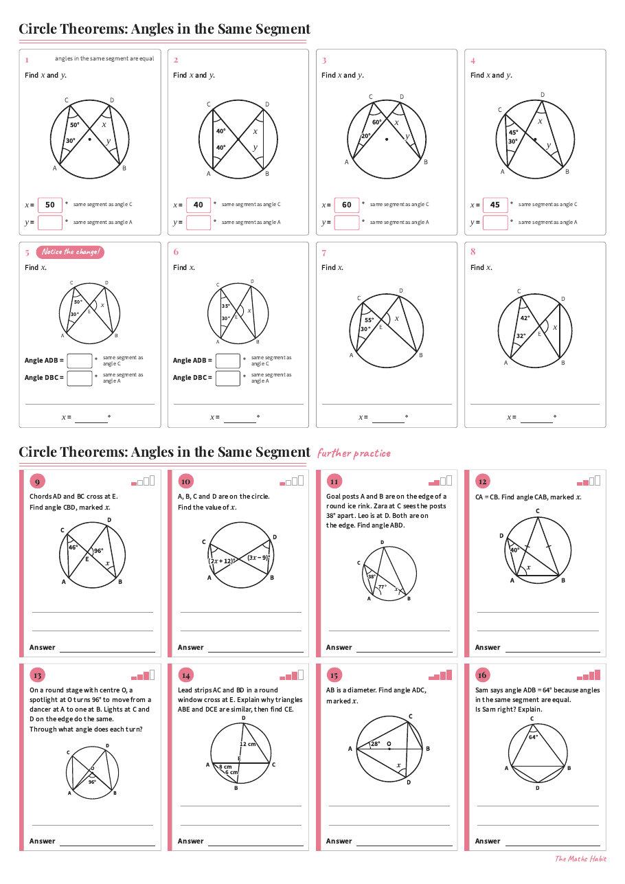 Circle theorems: angles in the same segment, first page