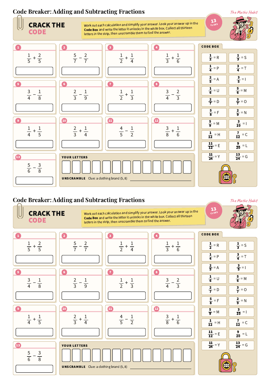 Code breaker: adding and subtracting fractions, first page