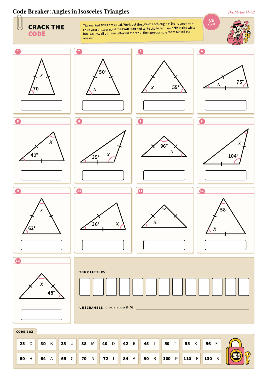 Code breaker: angles in isosceles triangles, first page