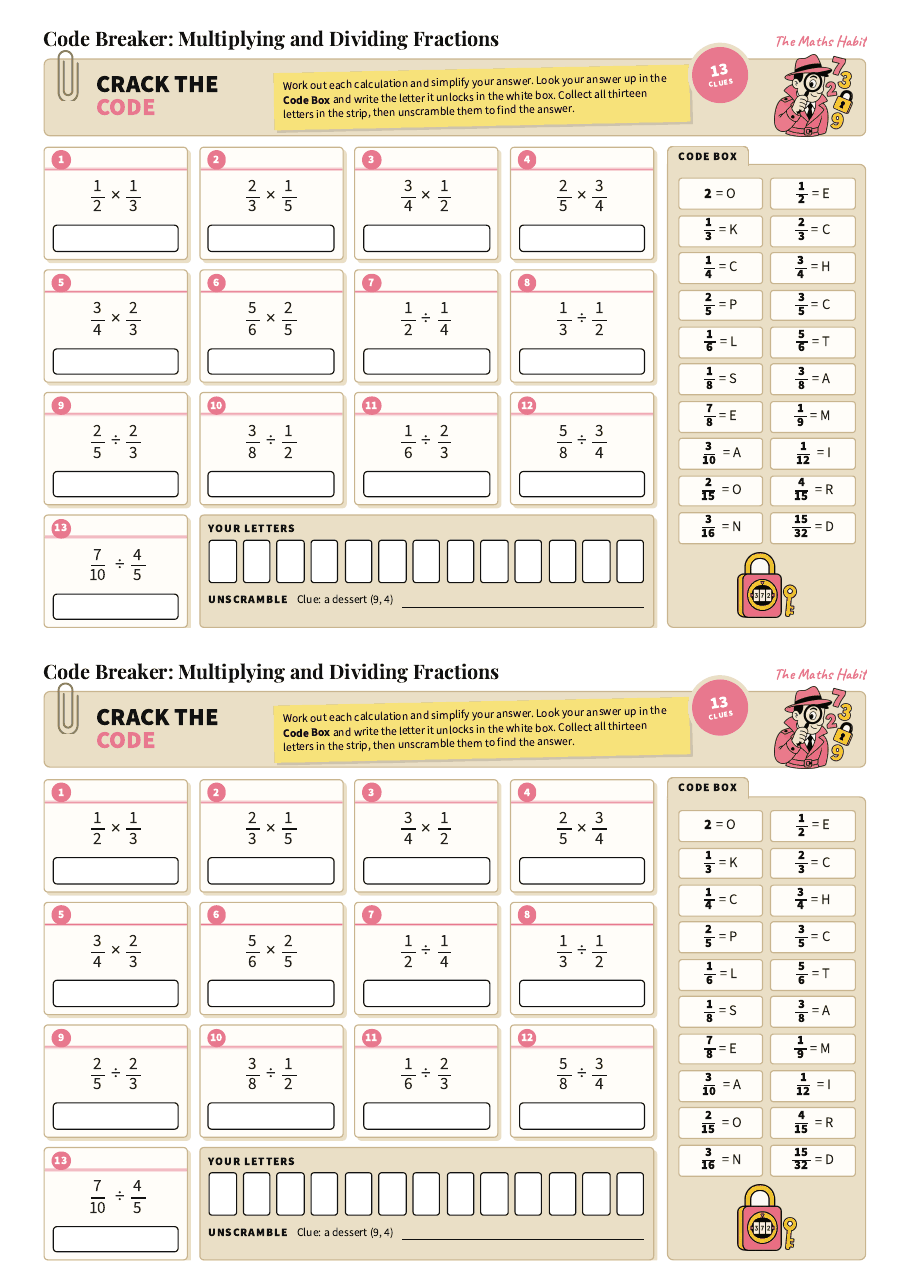 Code breaker: multiplying and dividing fractions, first page
