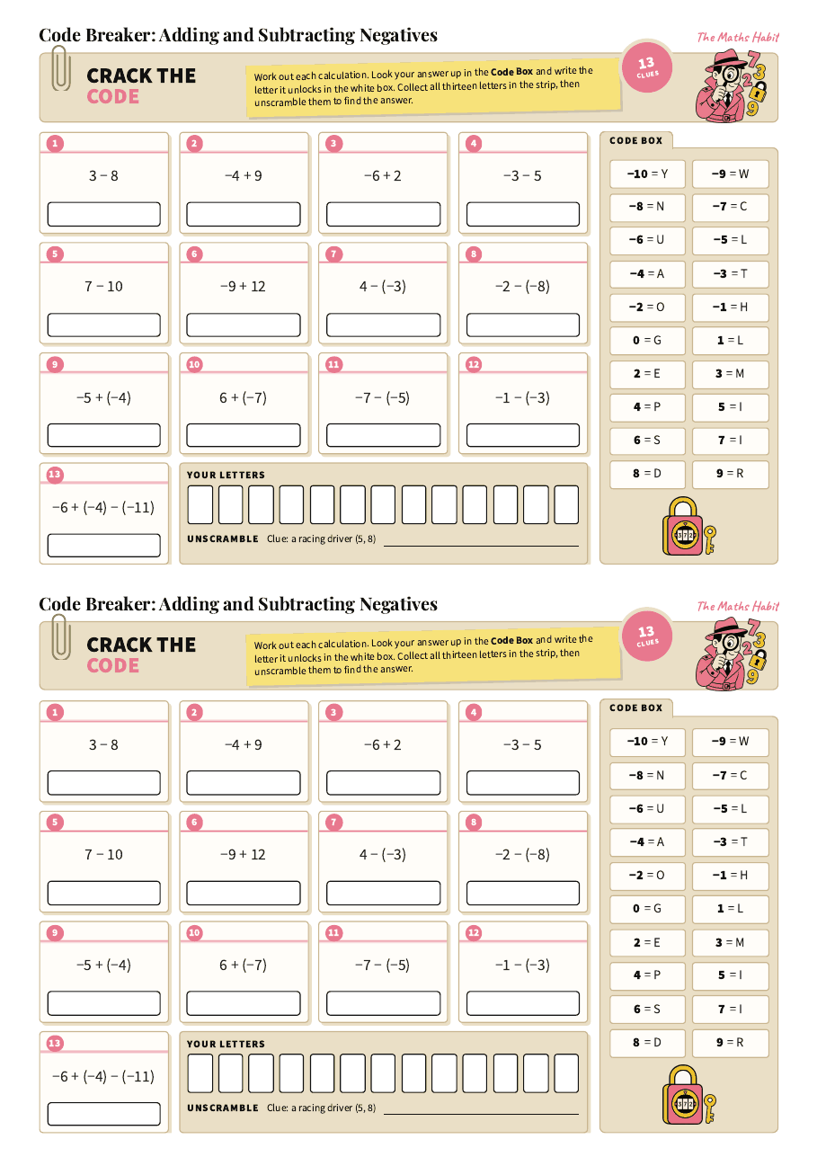 Code breaker: adding and subtracting negatives, first page
