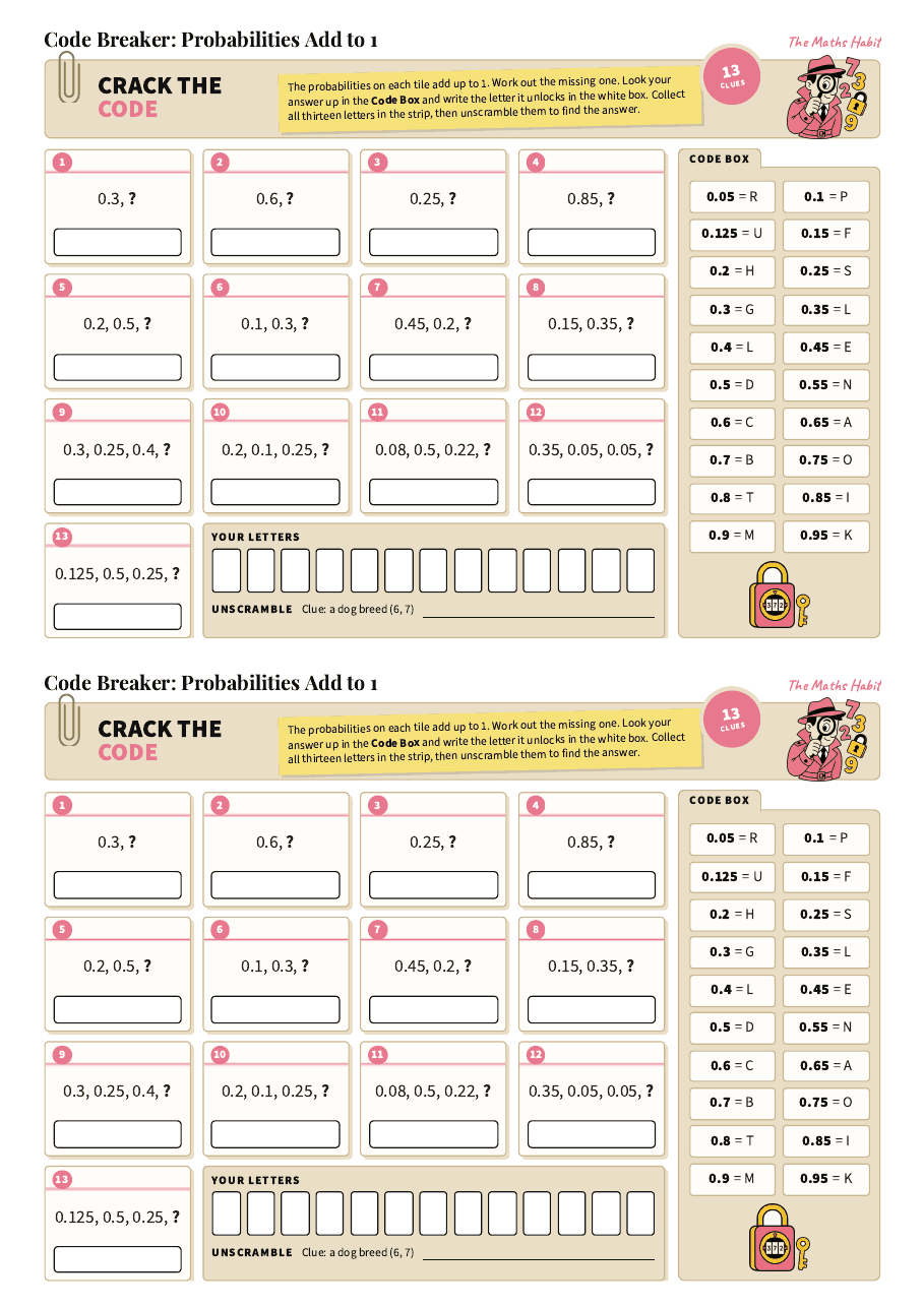 Code breaker: probabilities add to 1, first page
