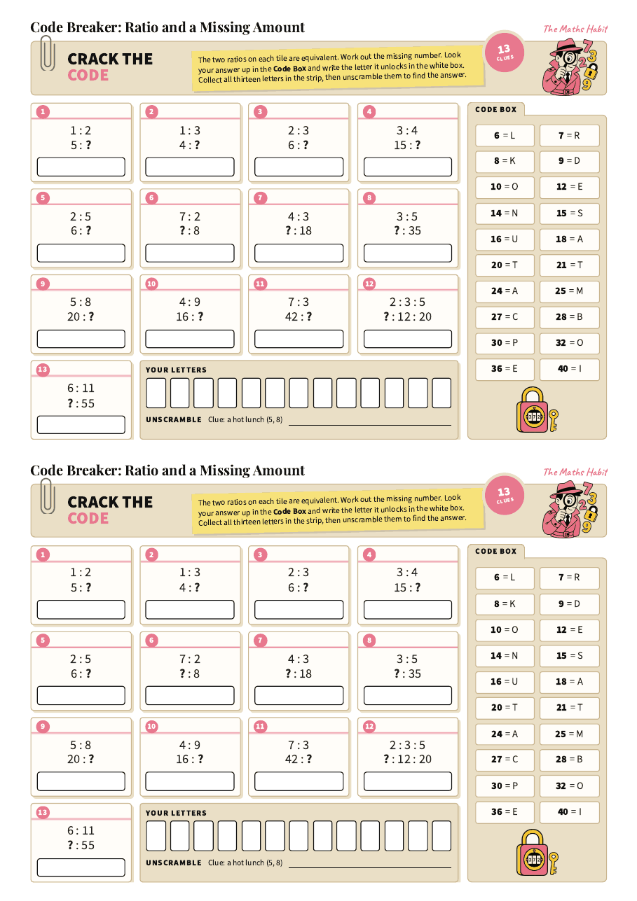 Code breaker: ratio and a missing amount, first page