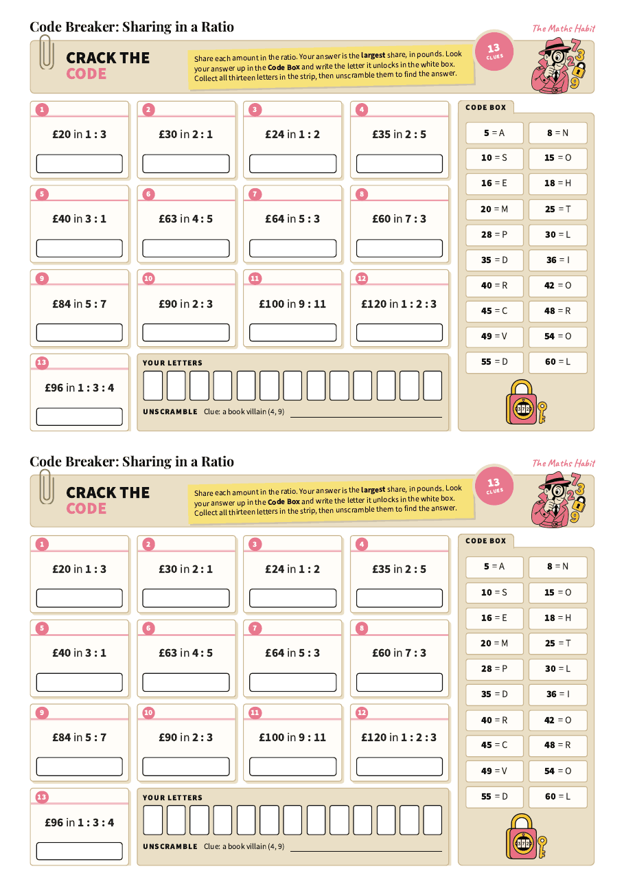 Code breaker: sharing in a ratio, first page