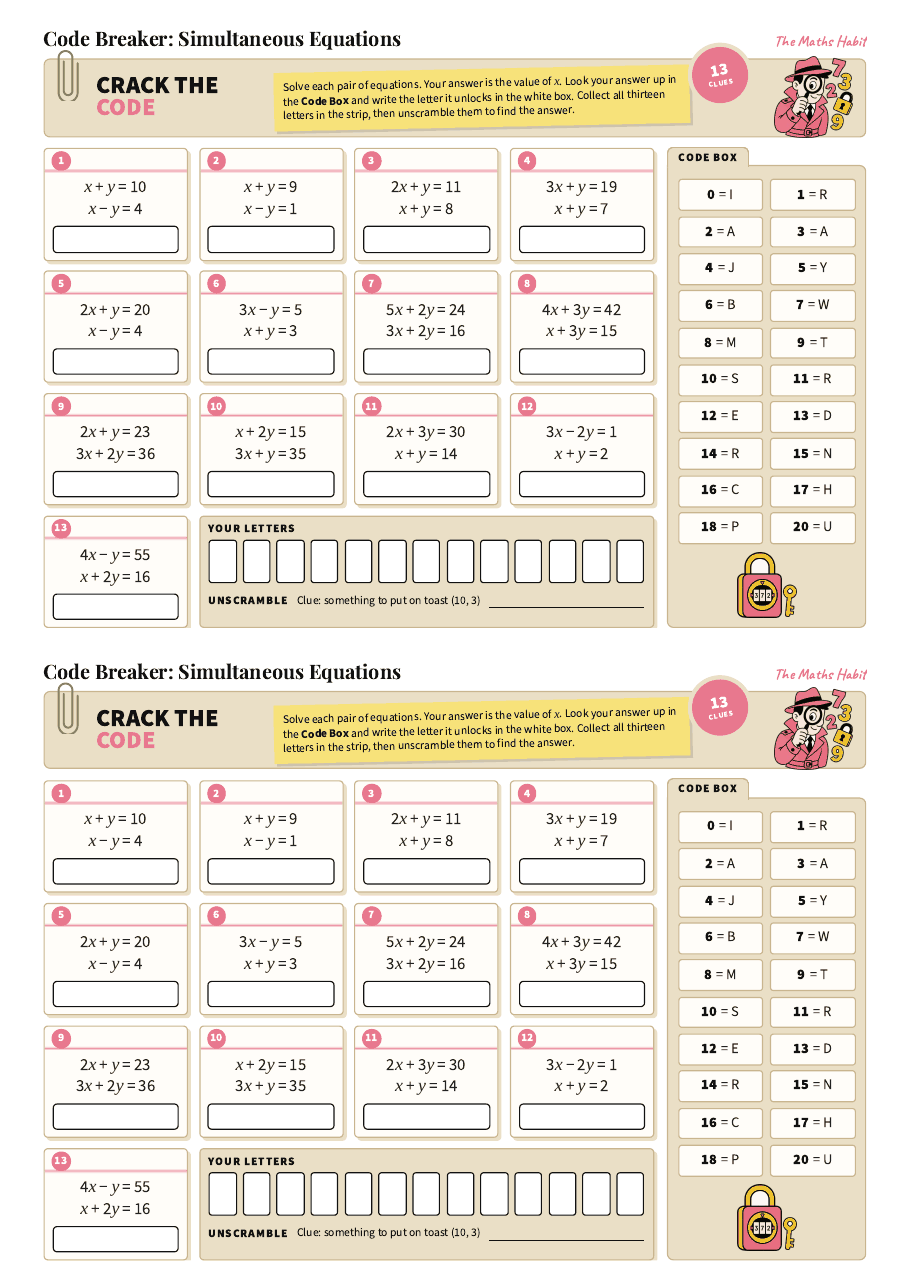 Code breaker: simultaneous equations, first page