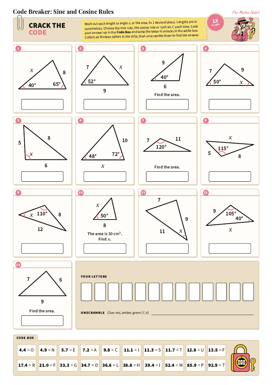 Code breaker: sine and cosine rules, first page