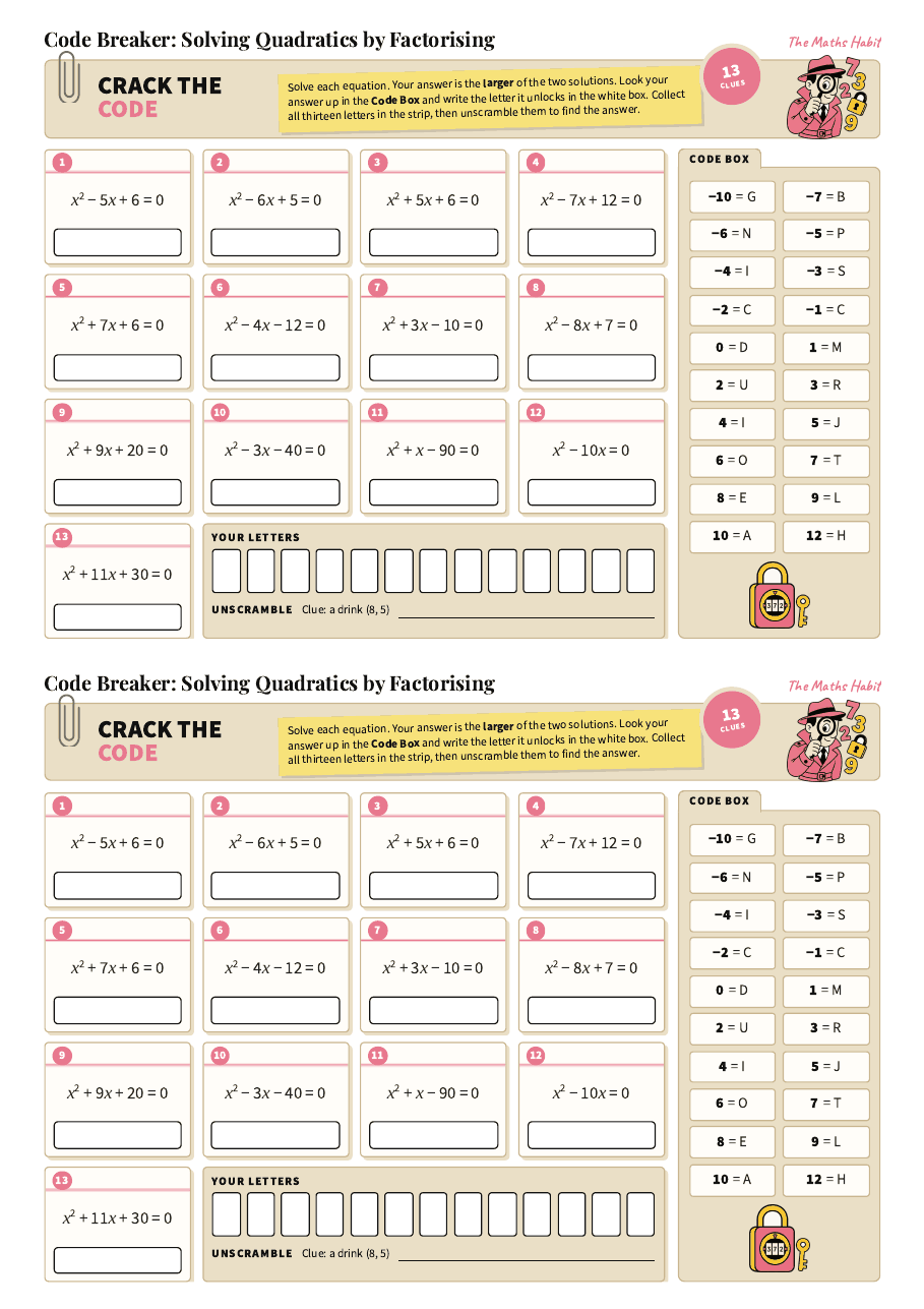 Code breaker: solving quadratics by factorising, first page