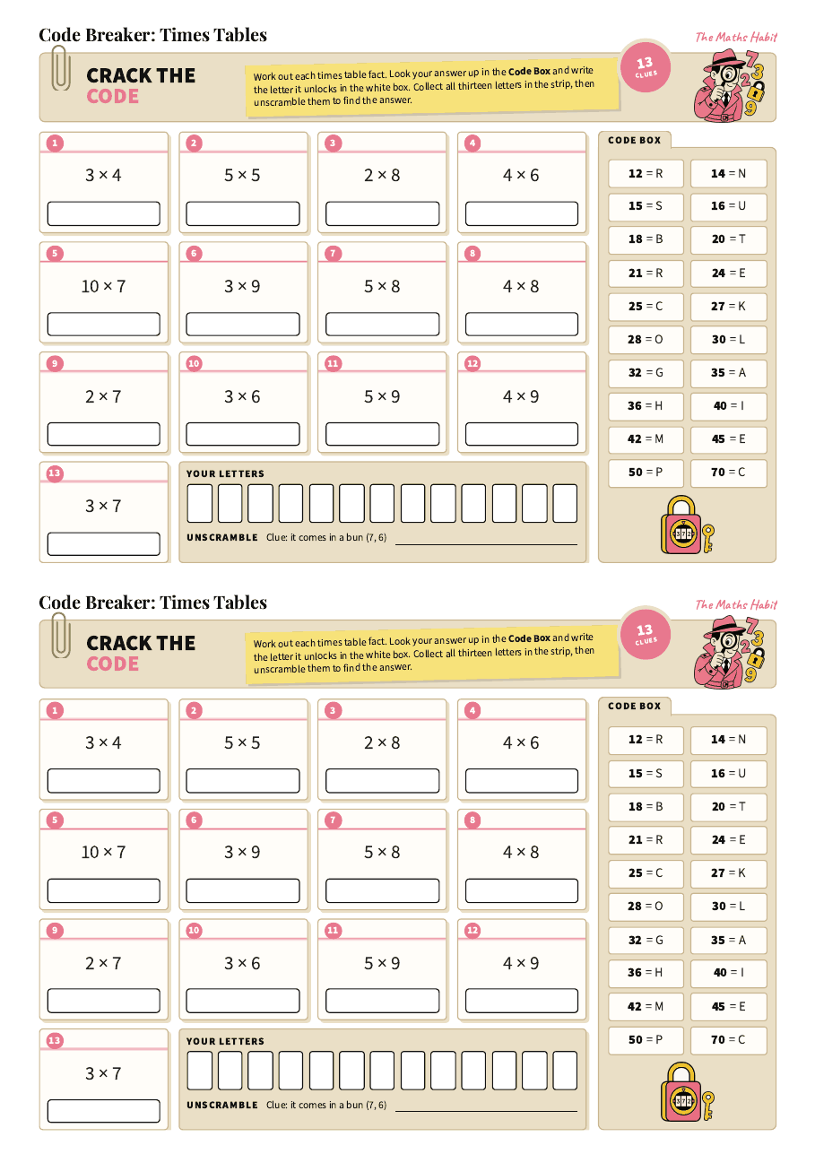 Code breaker: times tables, first page