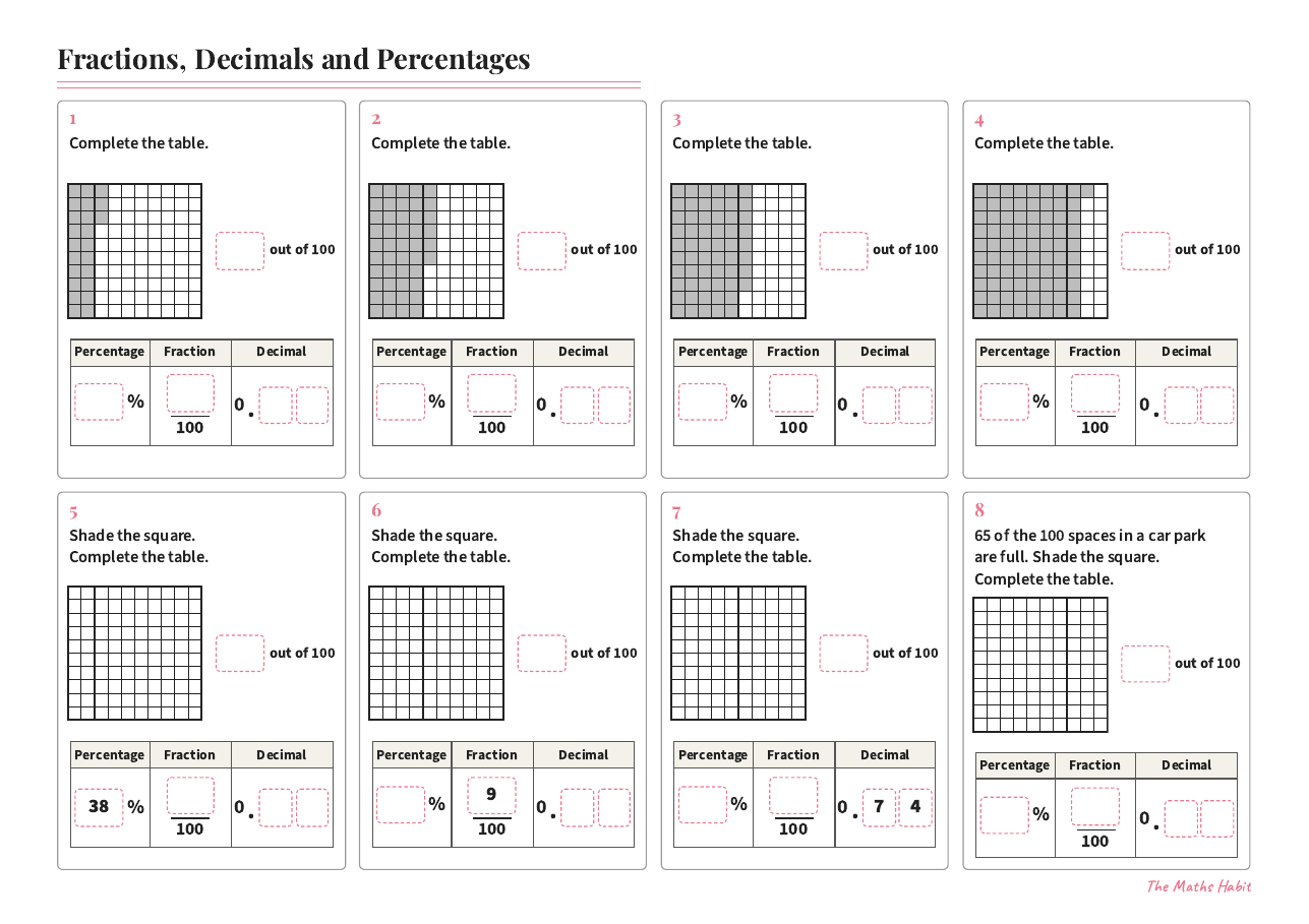 Fractions, decimals and percentages, first page