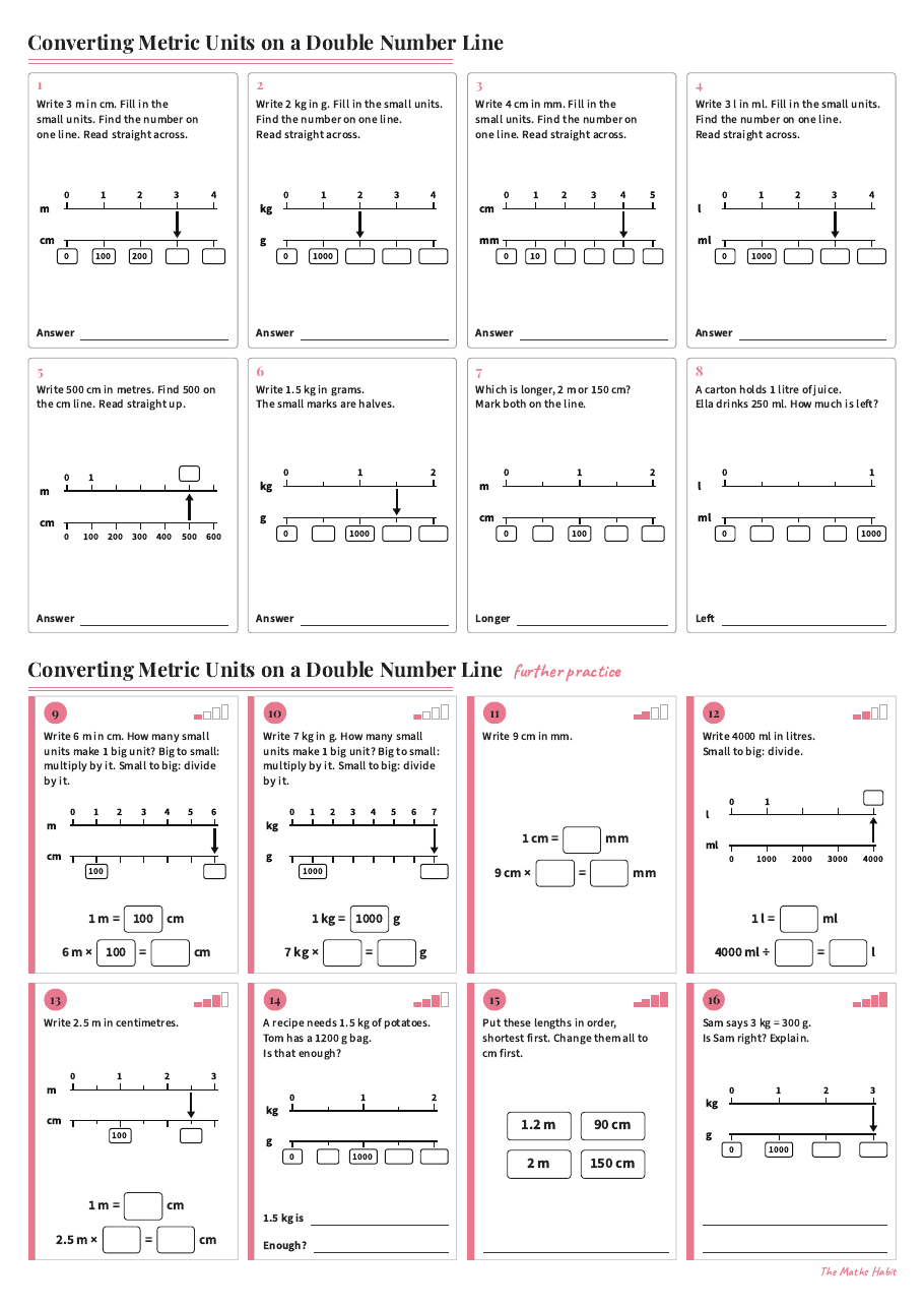 Converting metric units on a double number line, first page