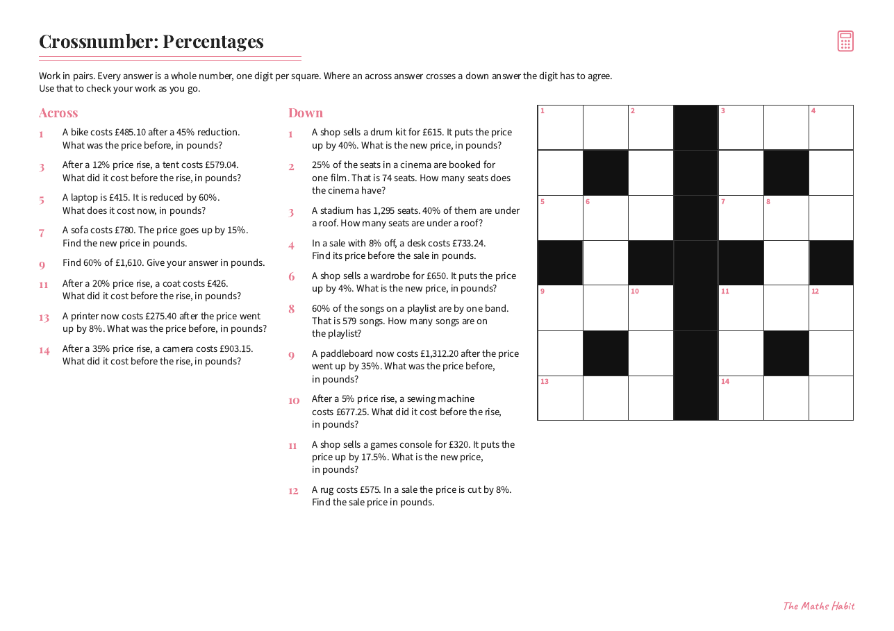 Crossnumber: percentages, first page