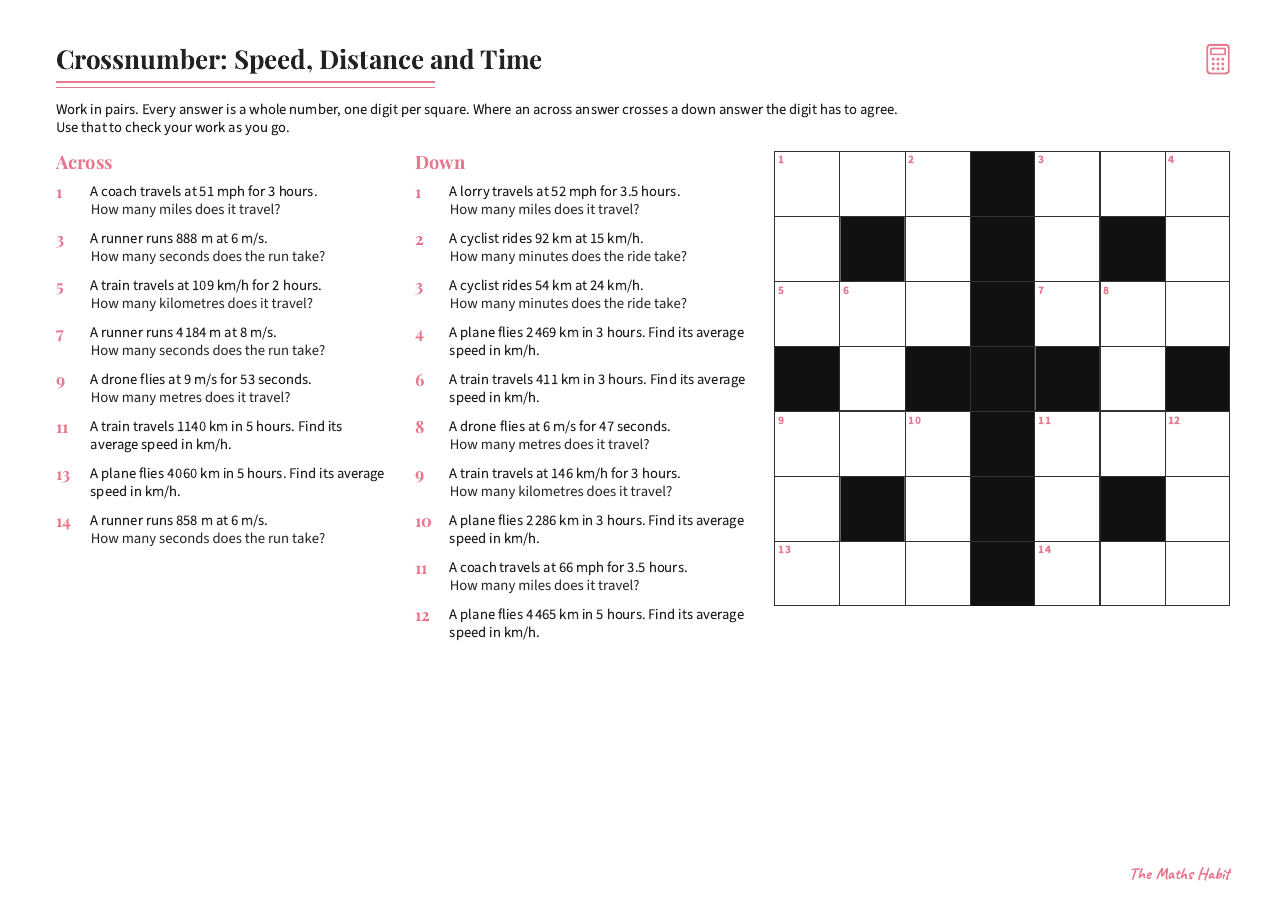 Crossnumber: speed, distance and time, first page