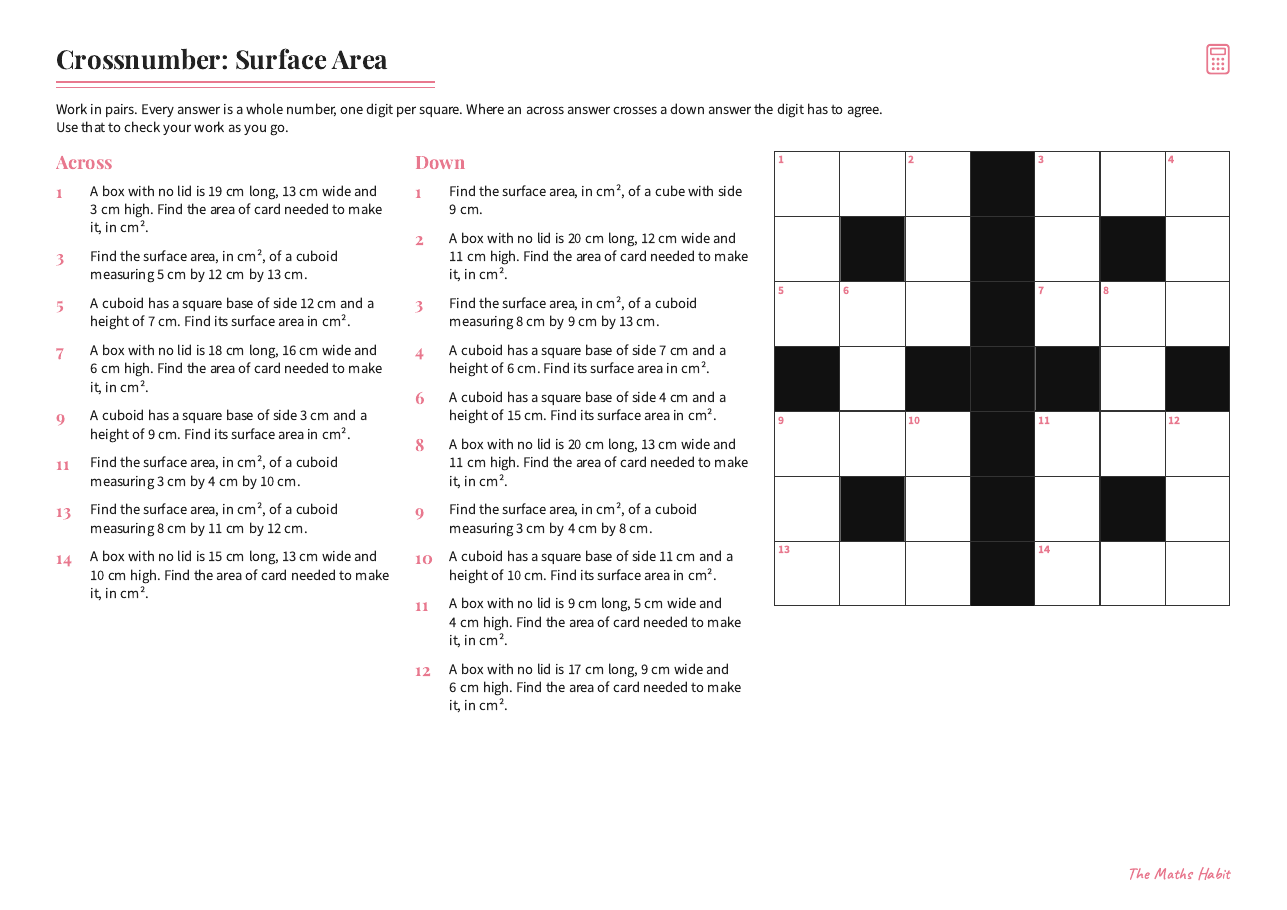 Crossnumber: surface area, first page