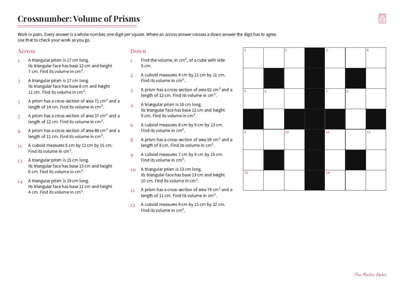 Crossnumber: volume of prisms, first page