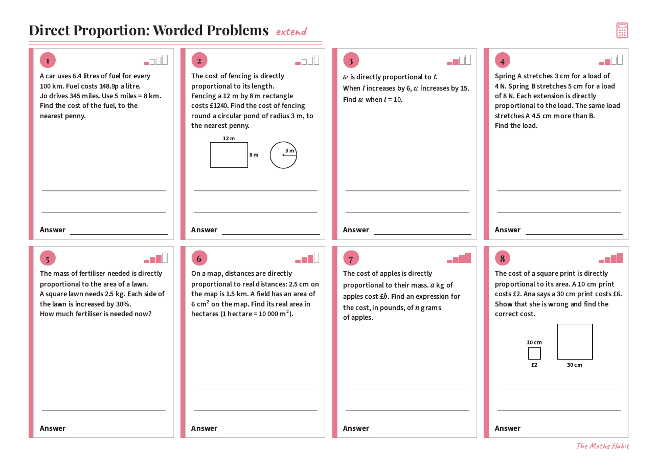 Direct proportion: worded problems, Extend, first page
