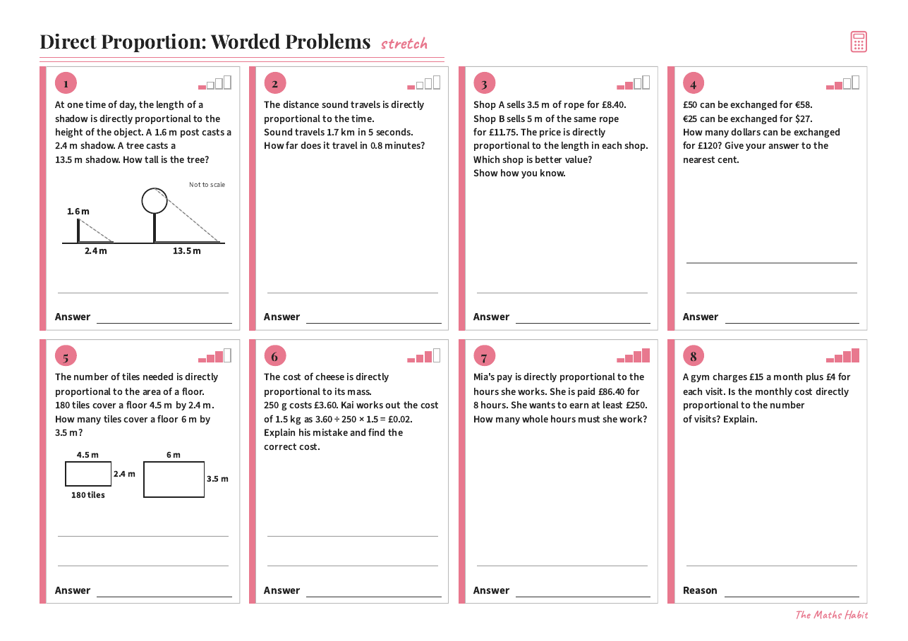 Direct proportion: worded problems, Stretch, first page