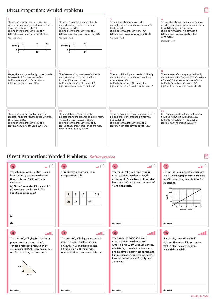 Direct proportion: worded problems, first page