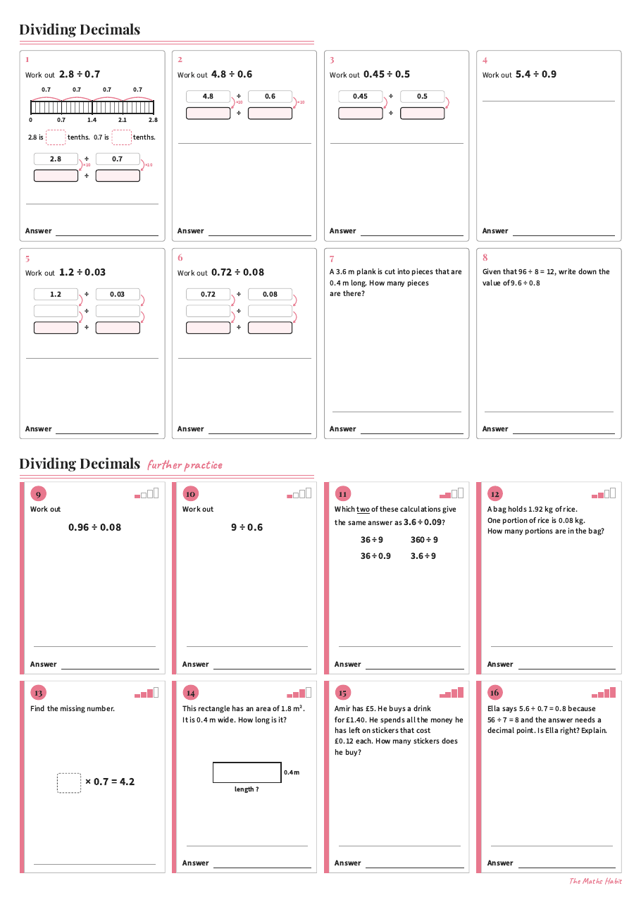 Dividing decimals, first page