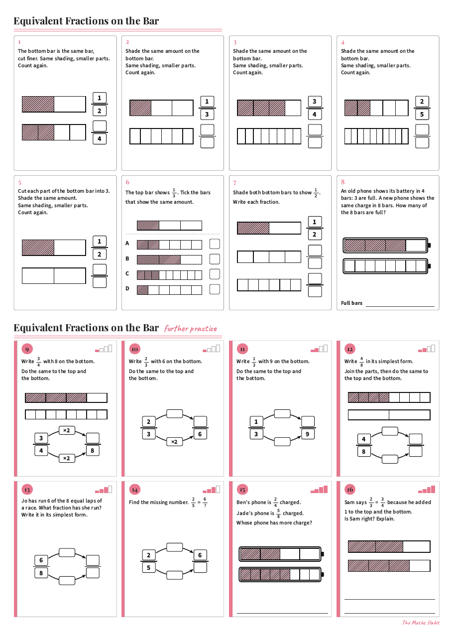 Equivalent fractions on the bar, first page