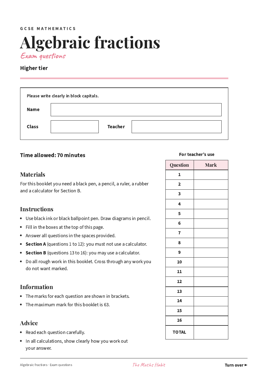 Algebraic fractions: exam questions, first page