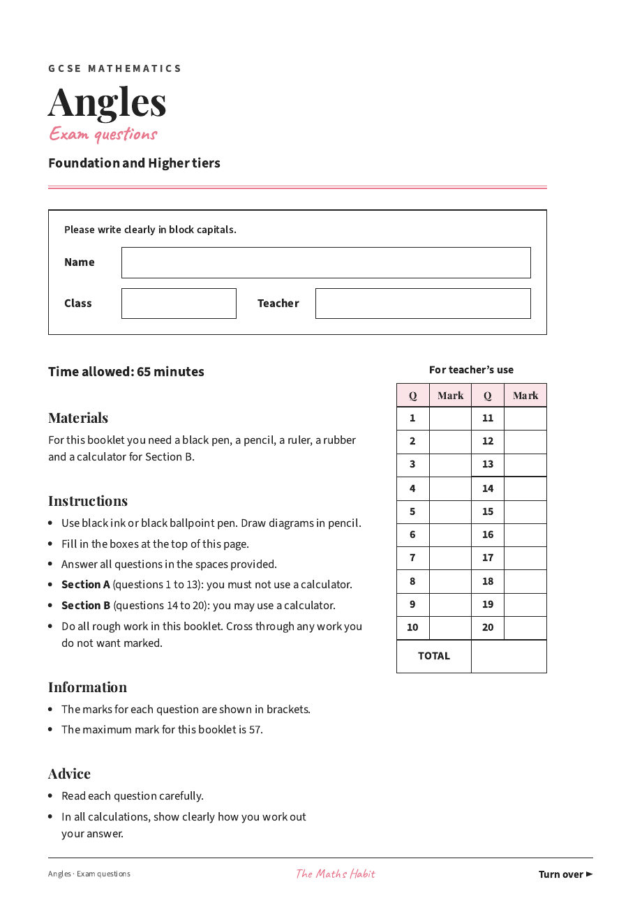 Angles: exam questions, first page