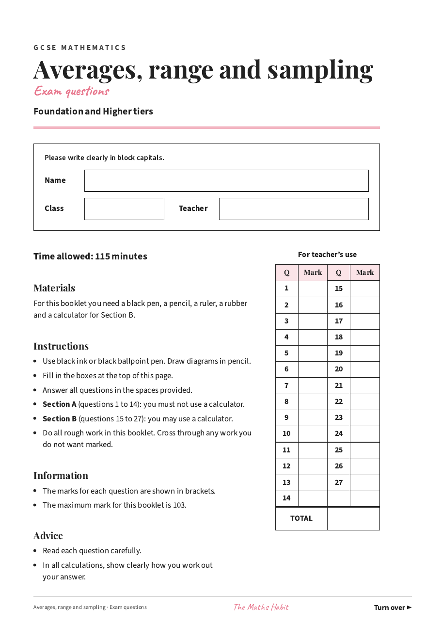Averages, range and sampling: exam questions, first page