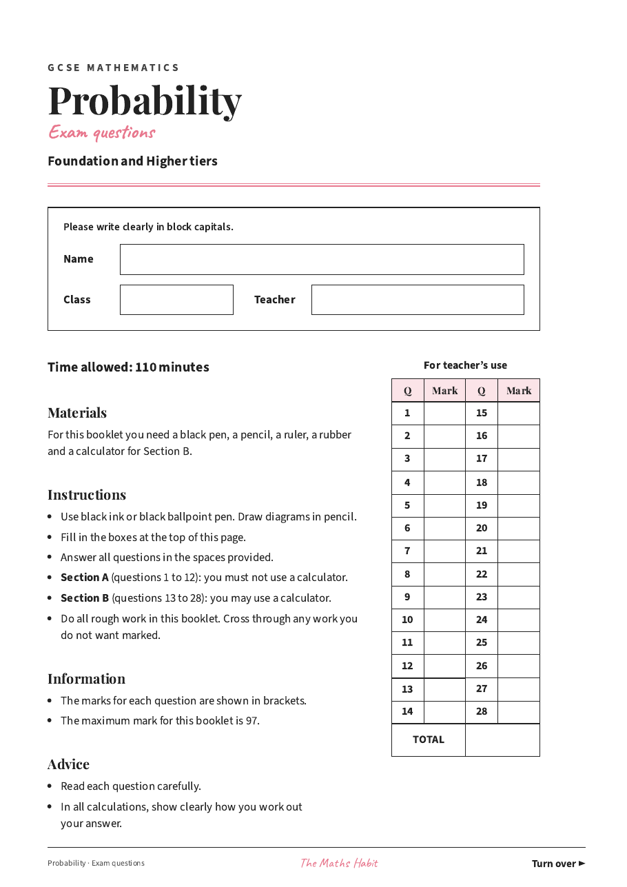 Probability: exam questions, first page