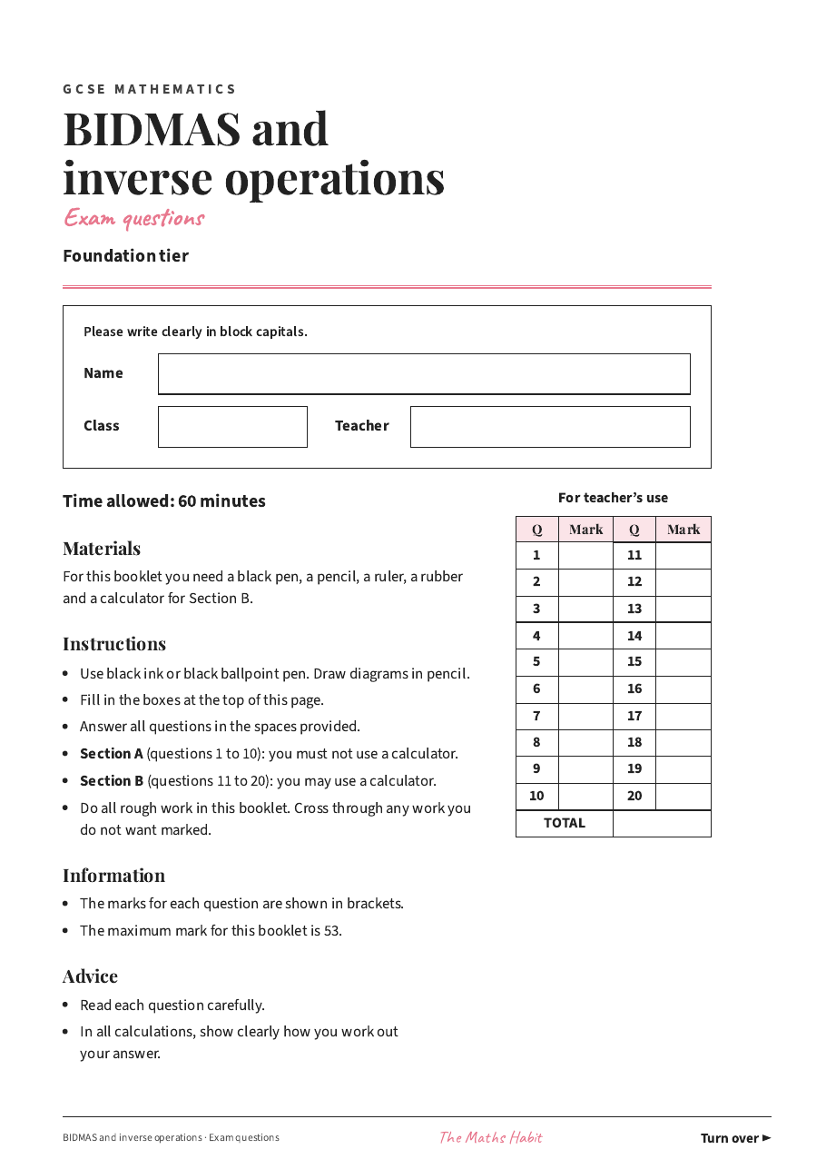 BIDMAS and inverse operations: exam questions, first page
