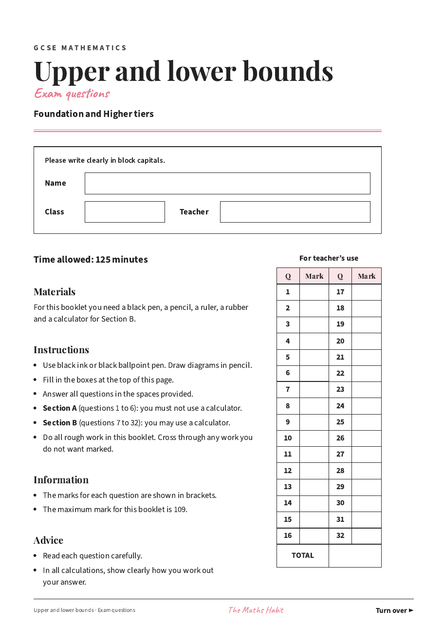 Upper and lower bounds: exam questions, first page