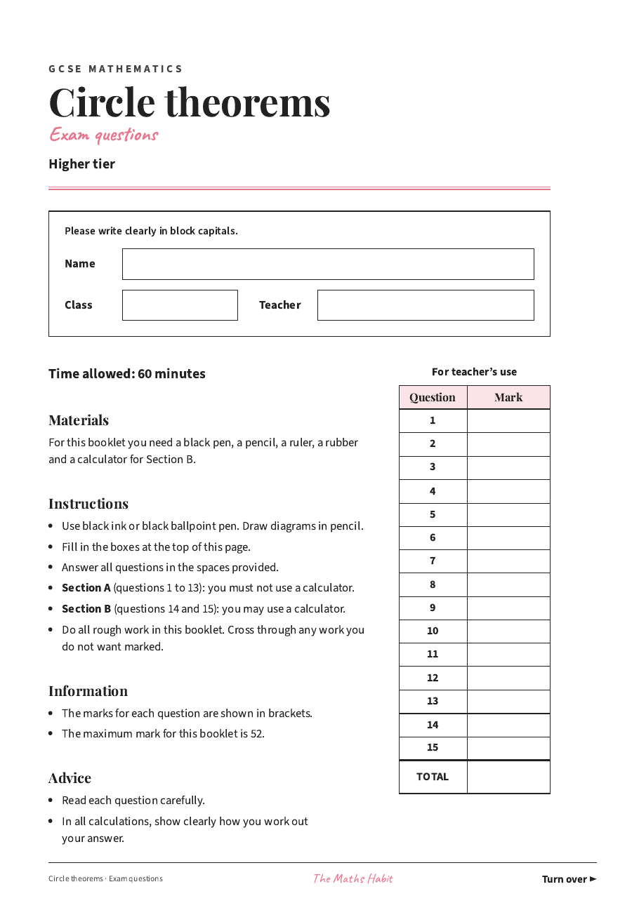 Circle theorems: exam questions, first page