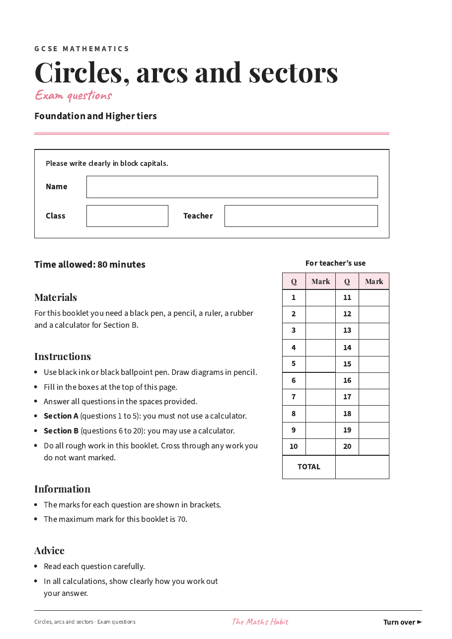 Circles, arcs and sectors: exam questions, first page
