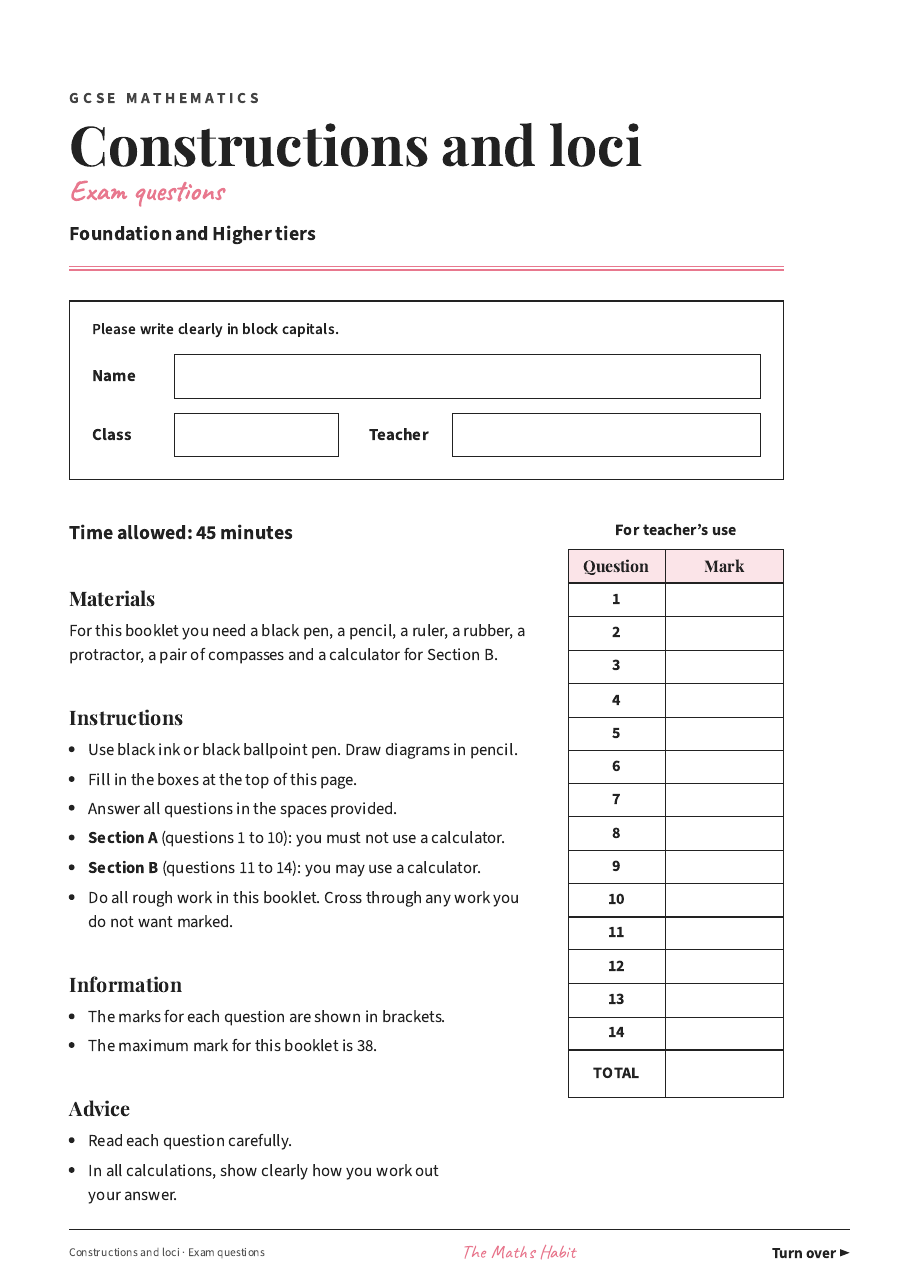 Constructions and loci: exam questions, first page