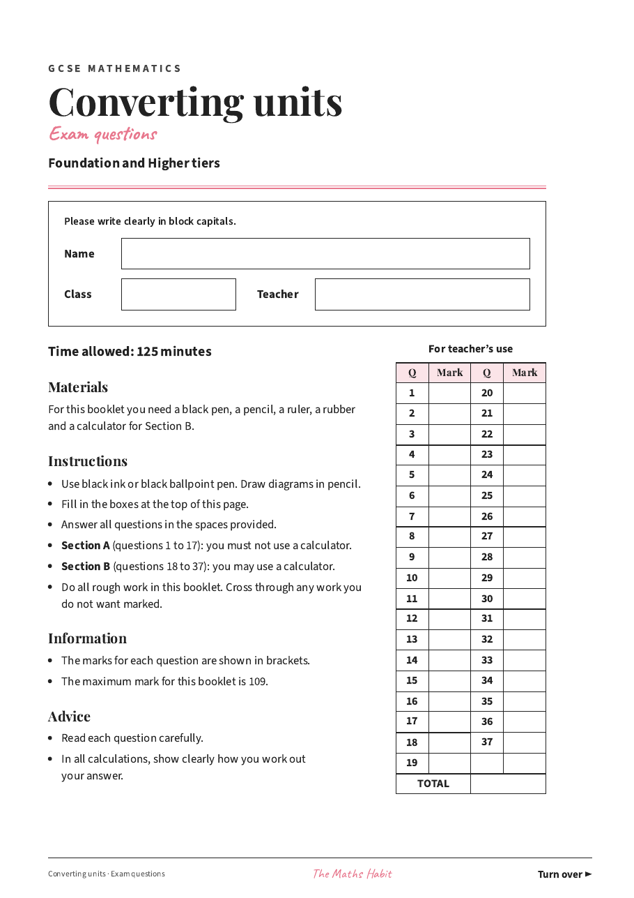 Converting units: exam questions, first page