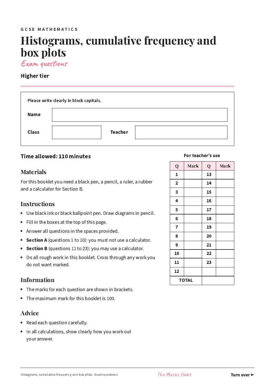 Histograms, cumulative frequency and box plots: exam questions, first page