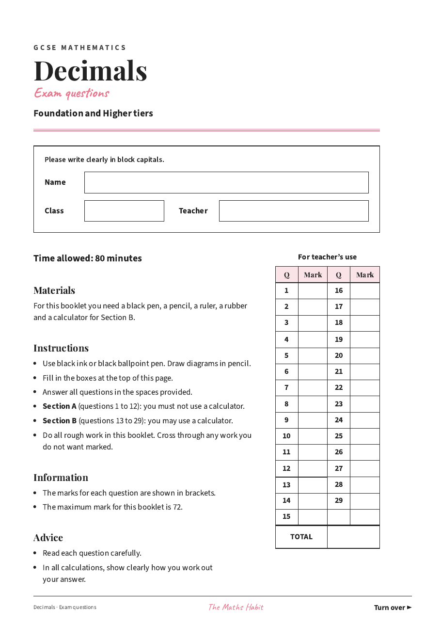Decimals: exam questions, first page
